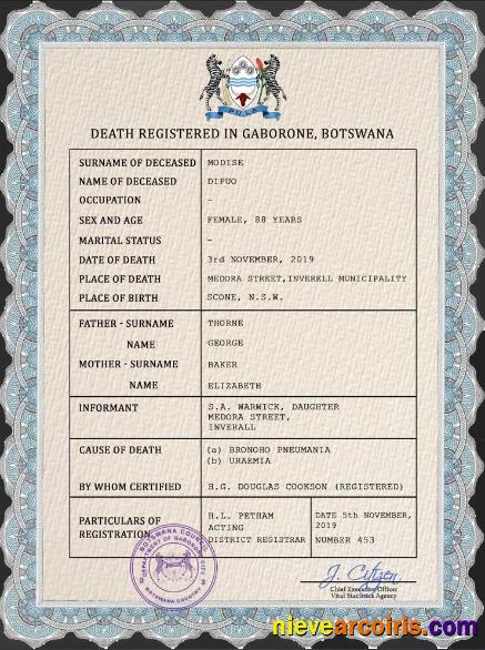 Botswana vital record death certificate
